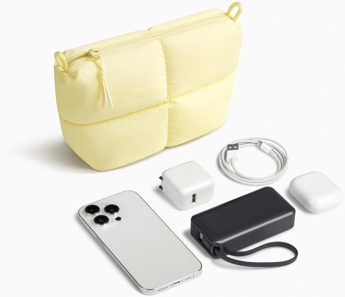 Comfyable Puffy Electronics Organizer Travel Case, Cute Tech Pouch for Women Men, Cable Storage Bag for Charger, Phone, Power Bank, Cord, Compact Tech Accessories Pouch, Rice