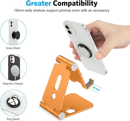 OMOTON Foldable Cell Phone Stand, C4 Portable Aluminum Phone Holder, Adjustable Phone Dock Cradle for iPhone 17/16/15 Pro Max Air, Small Tablets, Smart Phones, Women Men Gift for Fathers Day, Silver