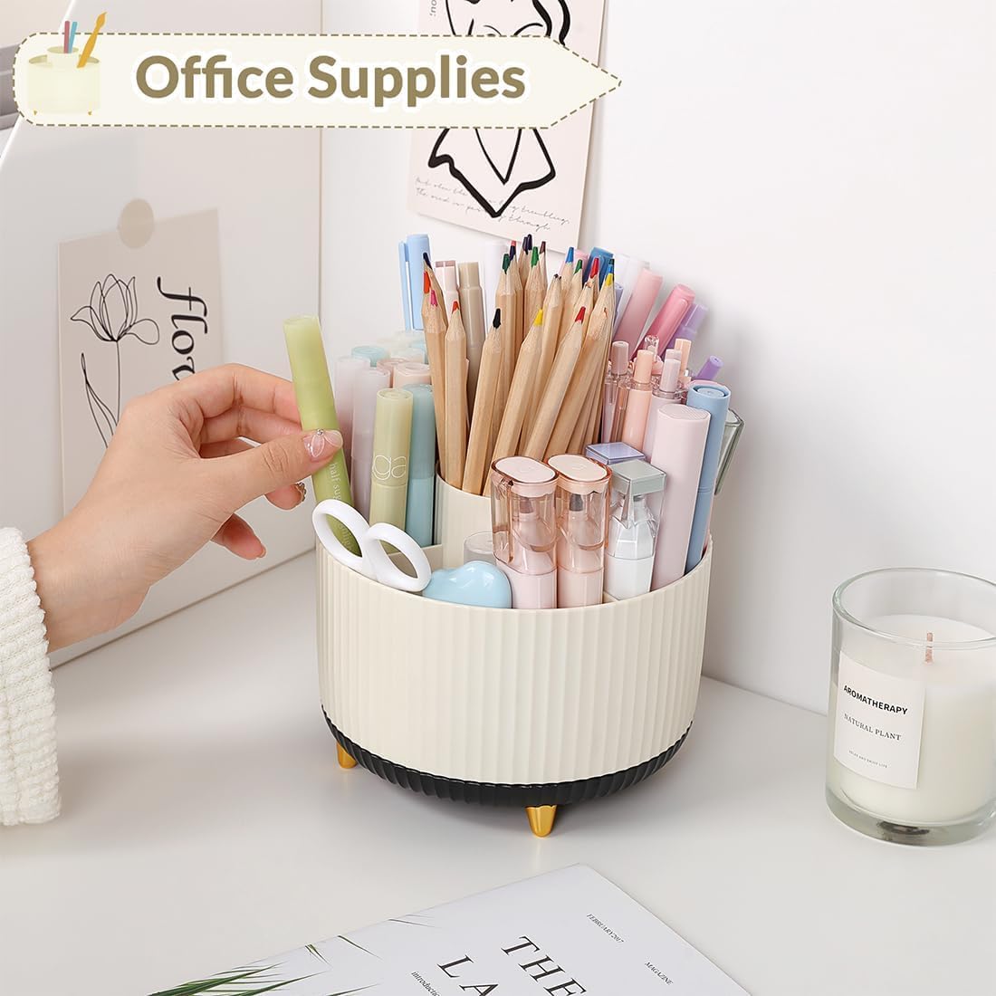 SKYDUE 360 Rotating Plastic Desk Pen Organizer with 5 Slots, Dual-Purpose Art Supply Pencil Cup for Office, School, Home