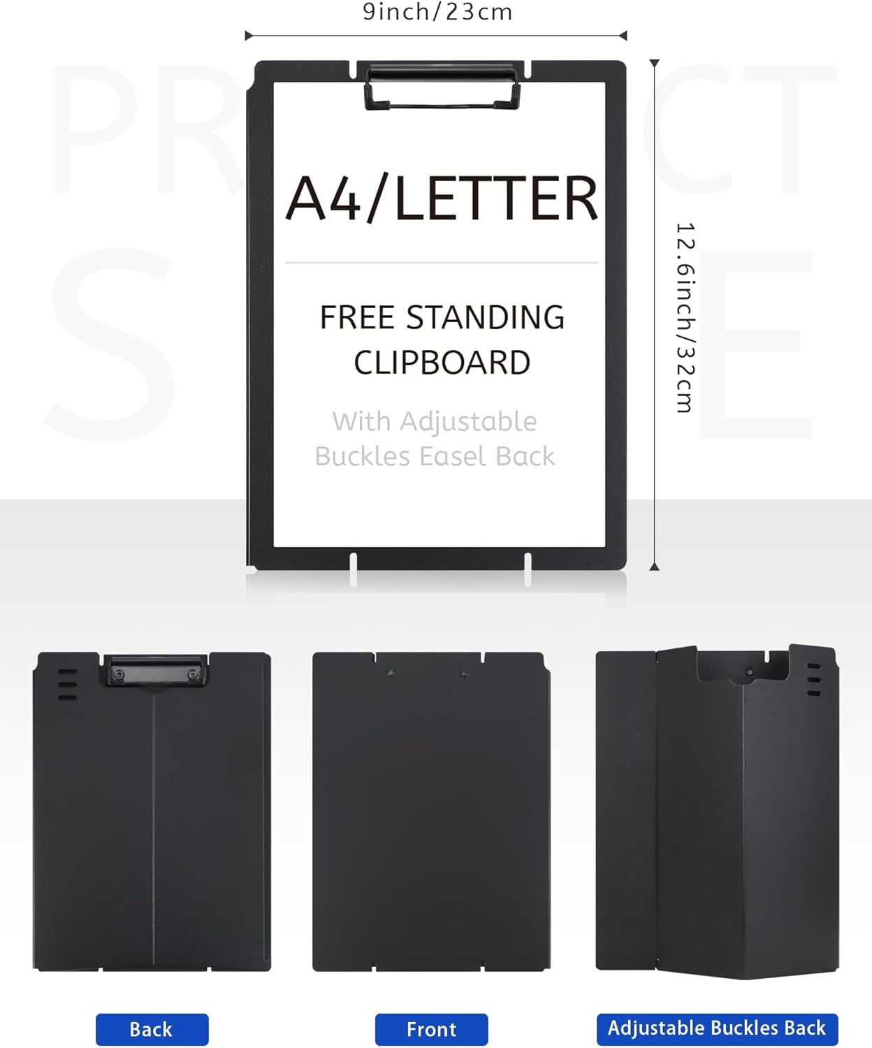 Free Standing Clipboard and Desktop Stand with Adjustable Buckles Easel Back - Foldable Stand and Document Holder for School, Office and Business Use (9.37 x 12.6 inches) (Black)