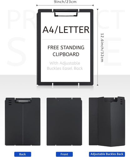 Free Standing Clipboard and Desktop Stand with Adjustable Buckles Easel Back - Foldable Stand and Document Holder for School, Office and Business Use (9.37 x 12.6 inches) (Black)