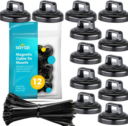 Magnetic Cable Zip Tie Mounts. Black. 12 Pack. Includes 12 Black Cable Zip Ties. Ideal for Cable Management
