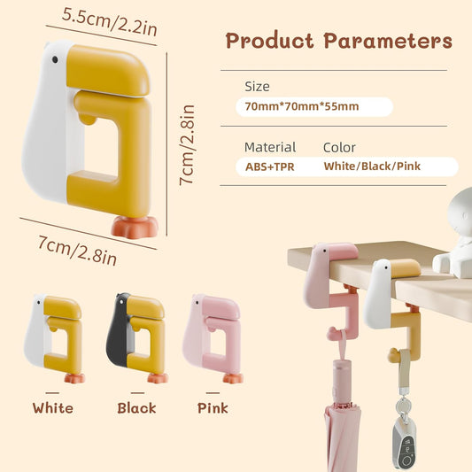 3PCS Adjustable Desk Hooks for Bag, Cute Cartoon Toucan Under Desk Clamp Hooks Backpack Holders, Space-Saving Backpack Hangers for Desk or Table Organization, No Drilling