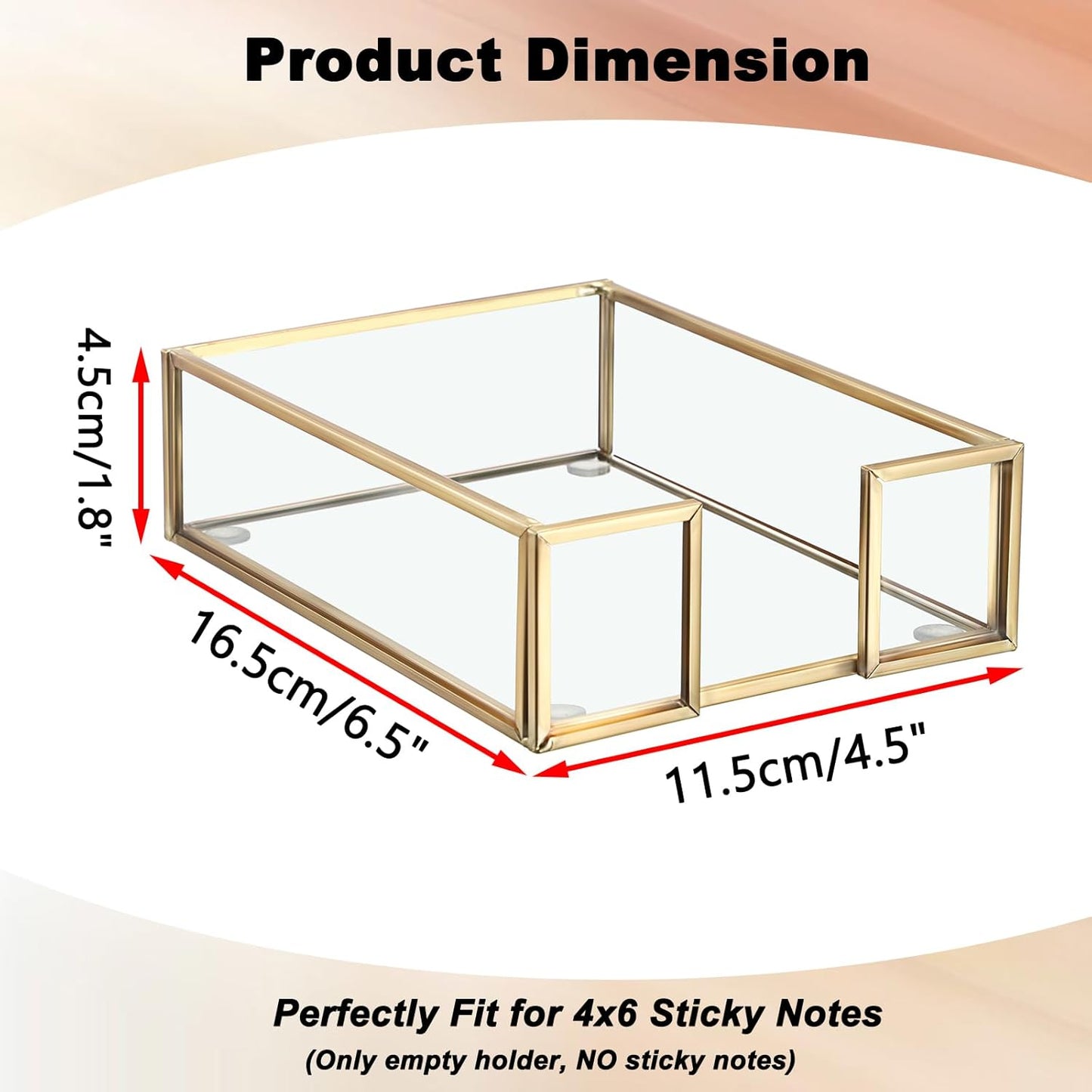 BTSKY Golden Glass Sticky Note Holder for 3x3 Inch Sticky Notes, Elegant Post It Note Dispenser with Non-Slip Pads Clear Notepad Holder for Desk Organization Planning, Home Office Decor