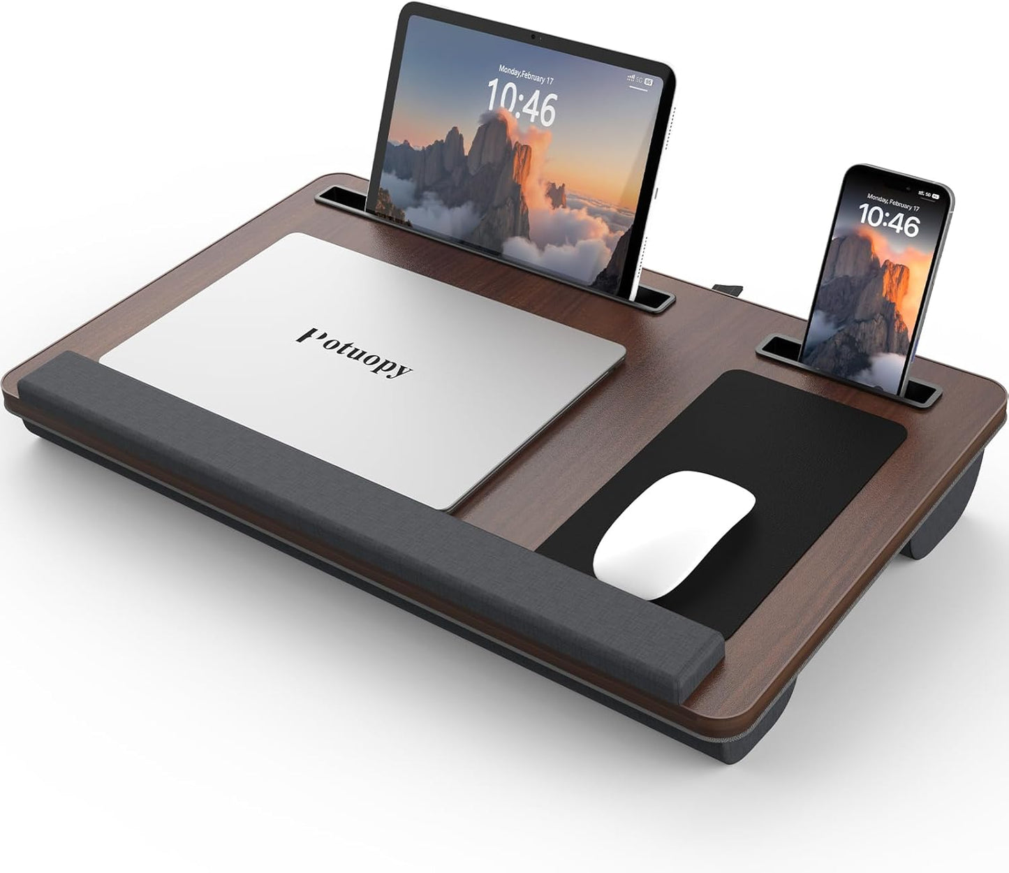 Potuopy Lap Desk - Up to 17” Laptop Tray with Wrist Rest, Portable Handle, Fixed Mouse Pad, Tablet & Phone Slots, Laptop Lap Desk with Cushion (Dark Brown)