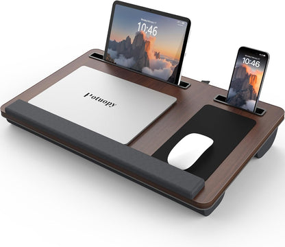 Potuopy Lap Desk - Up to 17” Laptop Tray with Wrist Rest, Portable Handle, Fixed Mouse Pad, Tablet & Phone Slots, Laptop Lap Desk with Cushion (Dark Brown)