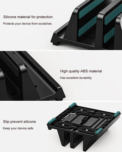 Vertical Laptop Stand for Desk, Dual Slots Plastic Laptop Holder with Space Saving 4-in-1 Design, Adjustable Width Supports MacBook, Chromebook, Surface, Dell (Black)