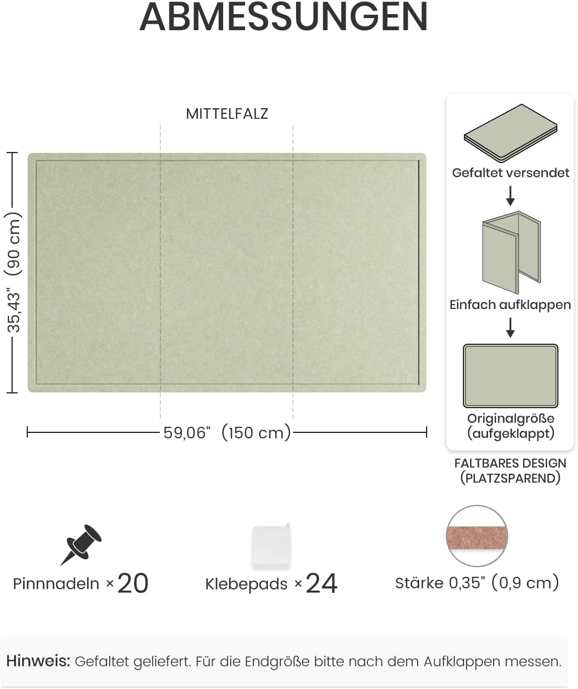 Fluxynara Bulletin Board, 23.6" x 17.5" Cork Board Alternative with 12 Safe Removable Adhesive Tabs, Foldable Felt Pin Board for Home Office, Classroom, Bedroom,Entryway for Walls—Sage