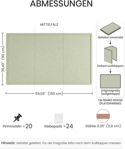 Fluxynara Bulletin Board, 23.6" x 17.5" Cork Board Alternative with 12 Safe Removable Adhesive Tabs, Foldable Felt Pin Board for Home Office, Classroom, Bedroom,Entryway for Walls—Sage