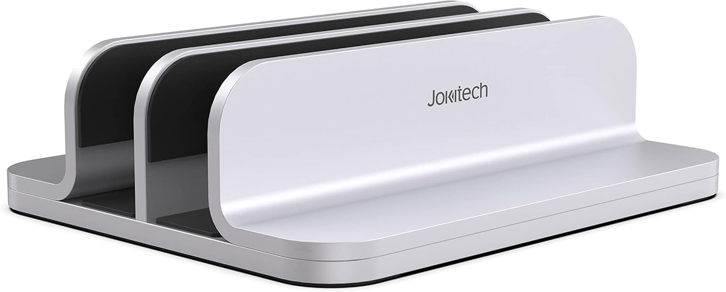 JOKItech Dual Aluminum Vertical Laptop Stand Organizer, Sturdy Notebook Computer Holder Stand Compatible with New Liquid Retina XDR Apple MacBook Air/Pro/Neo, Mac mini, Apple TV & iPad Pro - Spacegray