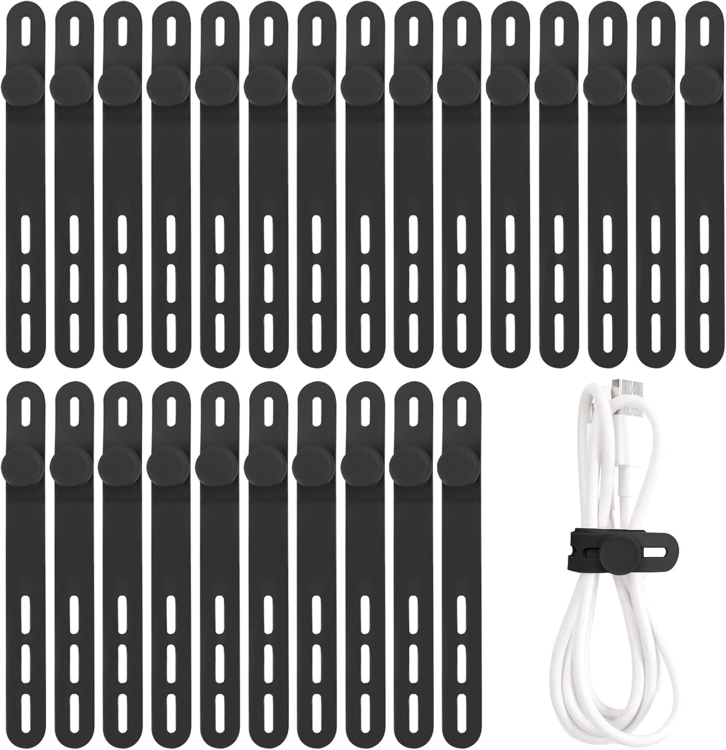 Oligei 25 Pcs Silicone Cable Ties, Cable Ties Reusable, High Elasticity Cord Wraps for Electrical Cords, Cord Organizer for Earphone, Phone Charger(Black)