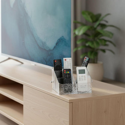 Remote Control Holder, Clear Desk Organizer with 4 Slots, Remote Caddy for TV Remotes, Streaming Devices, Controller Holder, Nightstand Organizer for Bedroom, Living Room, Office and Tabletop Use