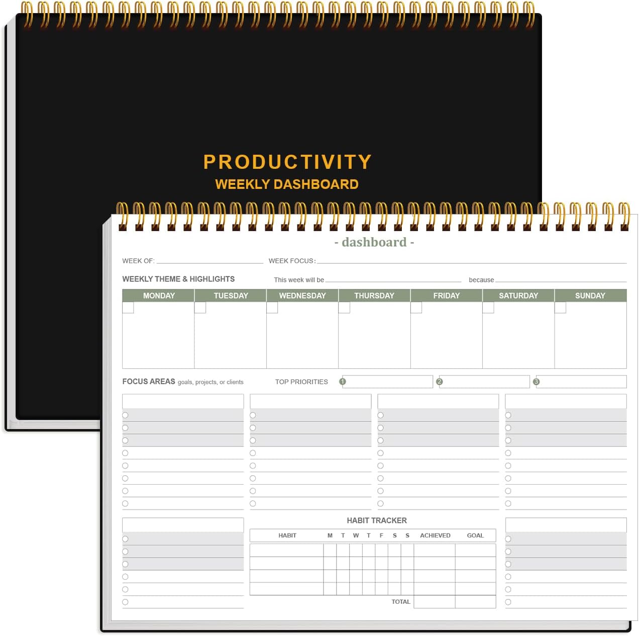 Weekly Productivity Dashboard - 8.5" x 11" Dashboard Desk Notepad Has 6 Focus Areas to List Tasks for Goals, Projects, Clients, Academic or Meal-Organize Your Daily Work Efficiently, 54 Weeks, Green