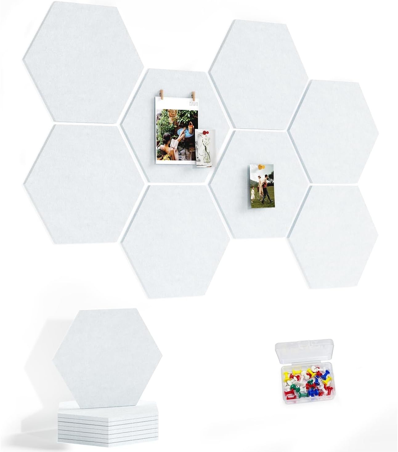 8 Pack Hexagon Felt Bulletin Board Tiles - 12" Large Thick Pin Board for Walls with 30 Push Pins, DIY Boards for Office Home School Decor, Aesthetic Hex Cork Board Alternative