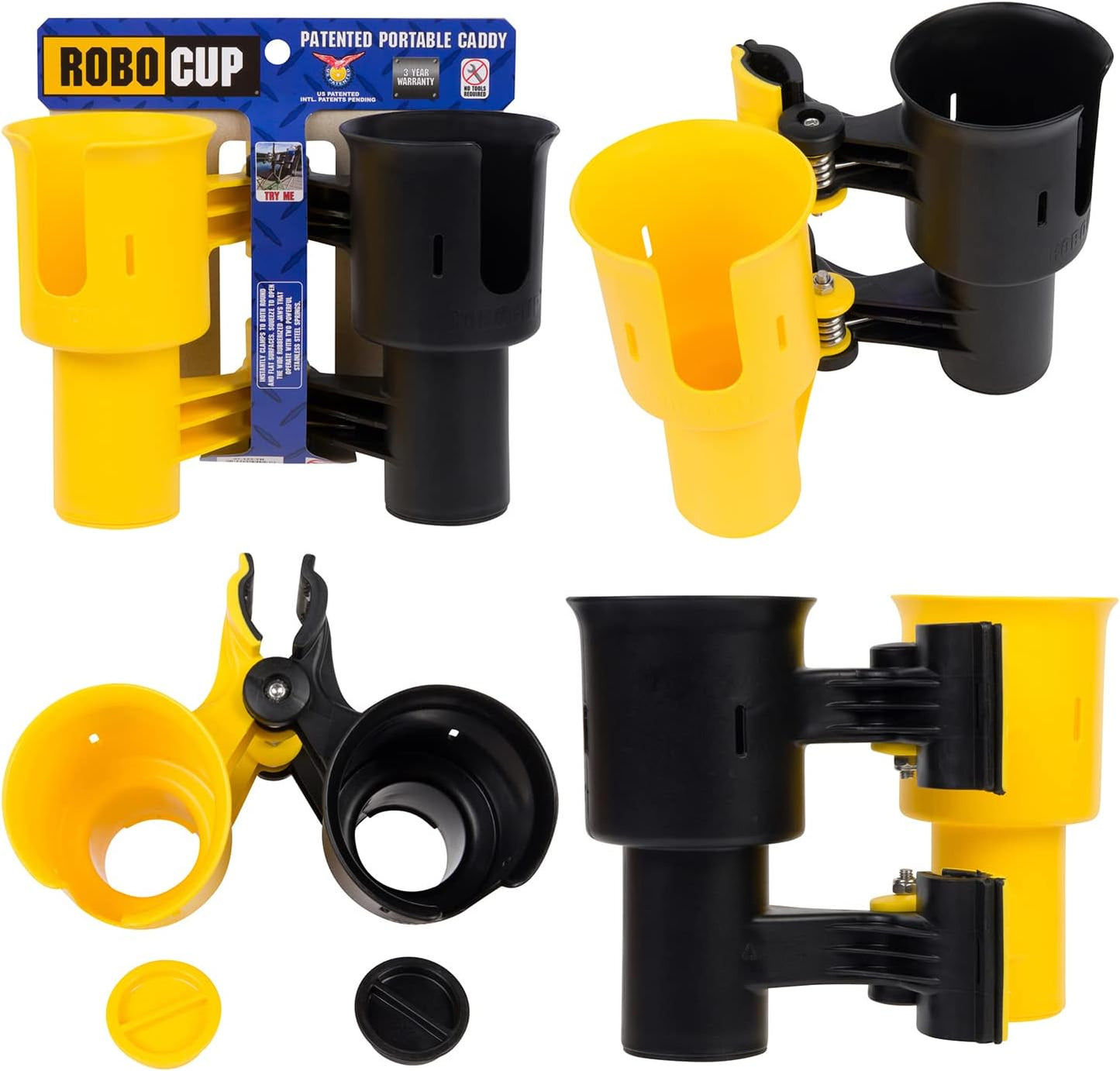 ROBOCUP, (White), Patented Clamp On Boat Cup Holder |Multifunction Dual Drink Caddy for Fishing Poles, Tools, Net, Gaff |Portable Storage for Boating, Beach, Umbrellas, Golf Carts, Strollers