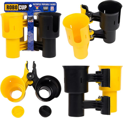 ROBOCUP, (White), Patented Clamp On Boat Cup Holder |Multifunction Dual Drink Caddy for Fishing Poles, Tools, Net, Gaff |Portable Storage for Boating, Beach, Umbrellas, Golf Carts, Strollers