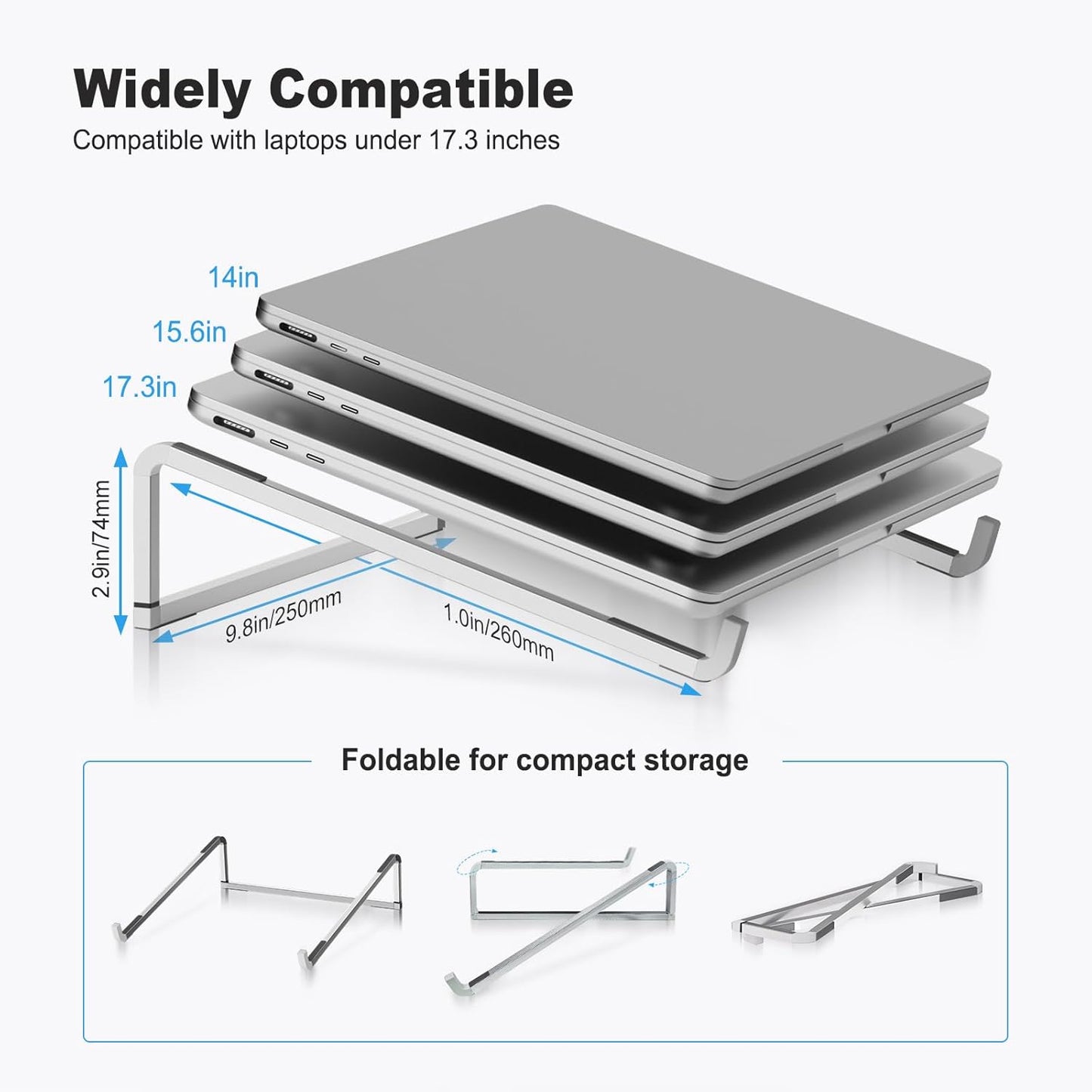 TENOC Foldable Laptop Stand for Desk, Universal Laptop Riser Ventilated Holder Mount Compatible with MacBook, Notebook, ASUS, Acer and More, Silver