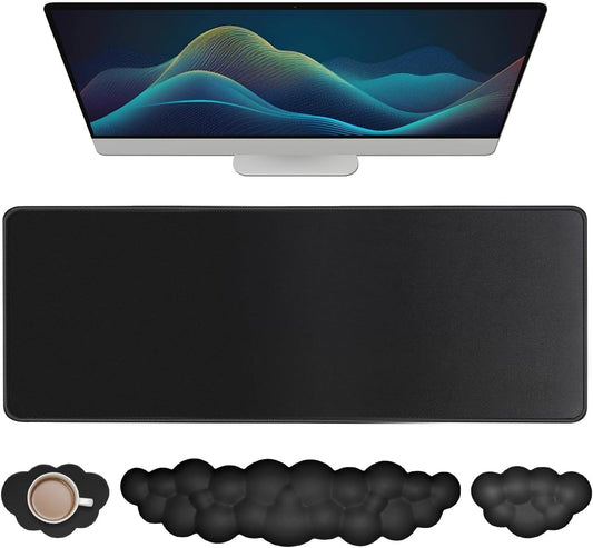 JIKIOU Angel Wing Wrist Rest Ergonomic Memory Foam Wrist Rest for Computer Keyboard Mouse Set, Cute Leather Keyboard & Mouse Support with PU Anti-Slip Base Waterproof White