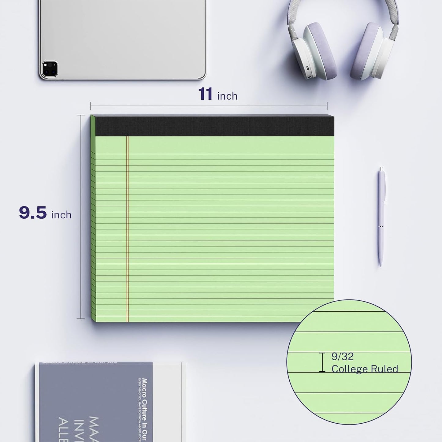 5 Pack Wide Legal Pads 11" x 9.5" Landscape Pink Purple Blue Green Yellow College Ruled Note Pad Narrow Ruled 30 Sheets per Notepad Perforated Writing Paper Thick Backboard Horizontal Pads of Paper