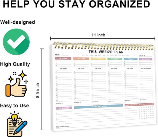 Undated Weekly Planner - 8.5" x 11" Undated Daily Productive Weekly To Do List Notepad for Home, Work, School, Projects, 52 Weeks, Clean Colorful Design