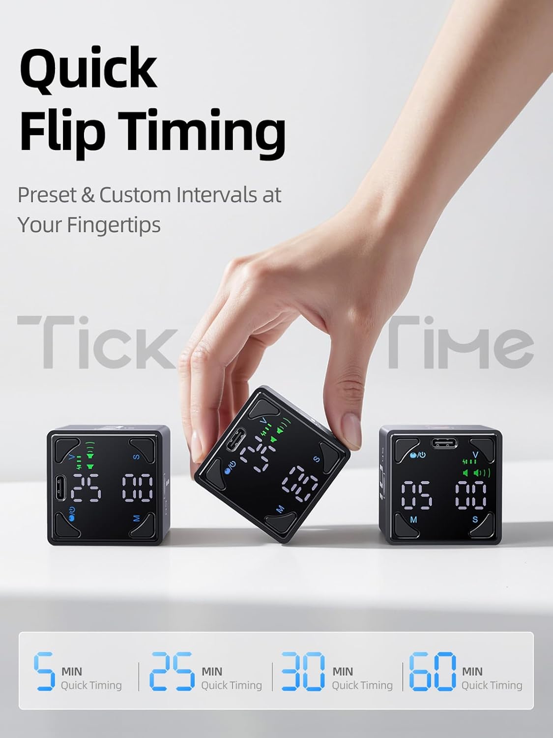Ticktime Pomodoro Timer Cube, with 25/5 Auto Cycles, 5/25/30/60 Min Presets, Custom Timer, Stopwatch, Magnetic, Rechargeable, Silent, Vibrate & Sound, for Task, ADHD, Study, Work, Meeting, Black