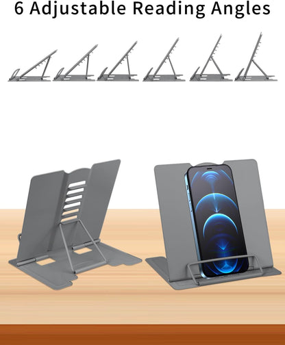 MSDADA Small Desk Book Stand Metal Reading Rest Book Holder Adjustable Cookbook Documents Holder Portable Sturdy Bookstands for Recipes Textbooks Tablet Music Books(Black)