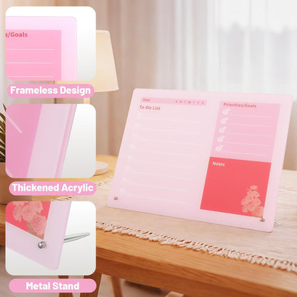 LeMotech Desktop Acrylic Dry Erase Board, 12x10 inches to-Do List Planner, Tabletop Whiteboard with Stand Office Supplies Includes 2 Markers & 1 Eraser, Pink Rose Pattern, 1 Pack