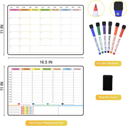 POPRUN Magnetic Fridge Calendar, 16.9"x11" Weekly Schedule Whiteboard, Dry Erase Board for Family Planning & Organization, Ideal for Home, School, Office