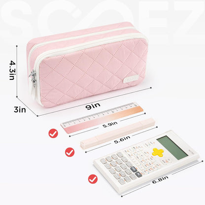 Sooez Large Pencil Case Pouch, Extra Big Pencil Bag with 8 Compartments, Pen Bag Wide Opening, Soft Quilted Pencil Pouch Organizer with Zipper, Portable Pencil Case for Teen Girls, Pink