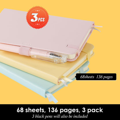 NIRMIRO 3 Pack Pocket Notebook Journals, Small Notepad Notebooks for Note Taking, A6 Mini Note pads with Pen Holder, 408 Lined Pages, 3.7" x 5.7", Black, Brown, Blue