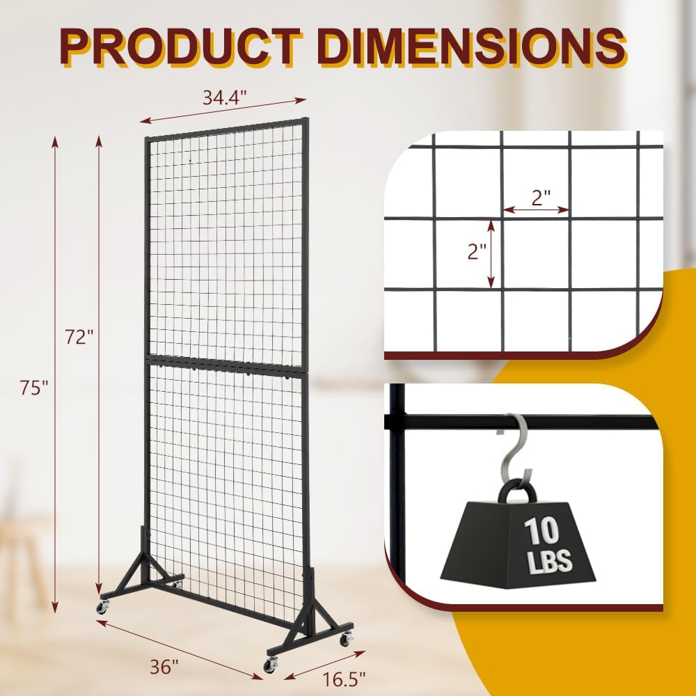 3 Packs 1.8' x 5.7' Grid Wall Panels Standing Wire Grid, Display Rack with T-Base Wheels Freestanding Gridwall Panel Tower for Shows, Black