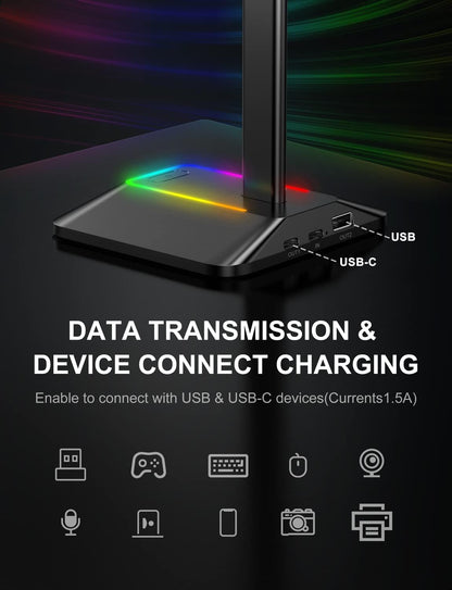 New Bee Headphone Stand with RGB Lighting, Sturdy Aluminum Gaming Headset Holder with USB-C & USB Charging Ports, Stable Desktop Earphone Stand for All Headphones Size, Black