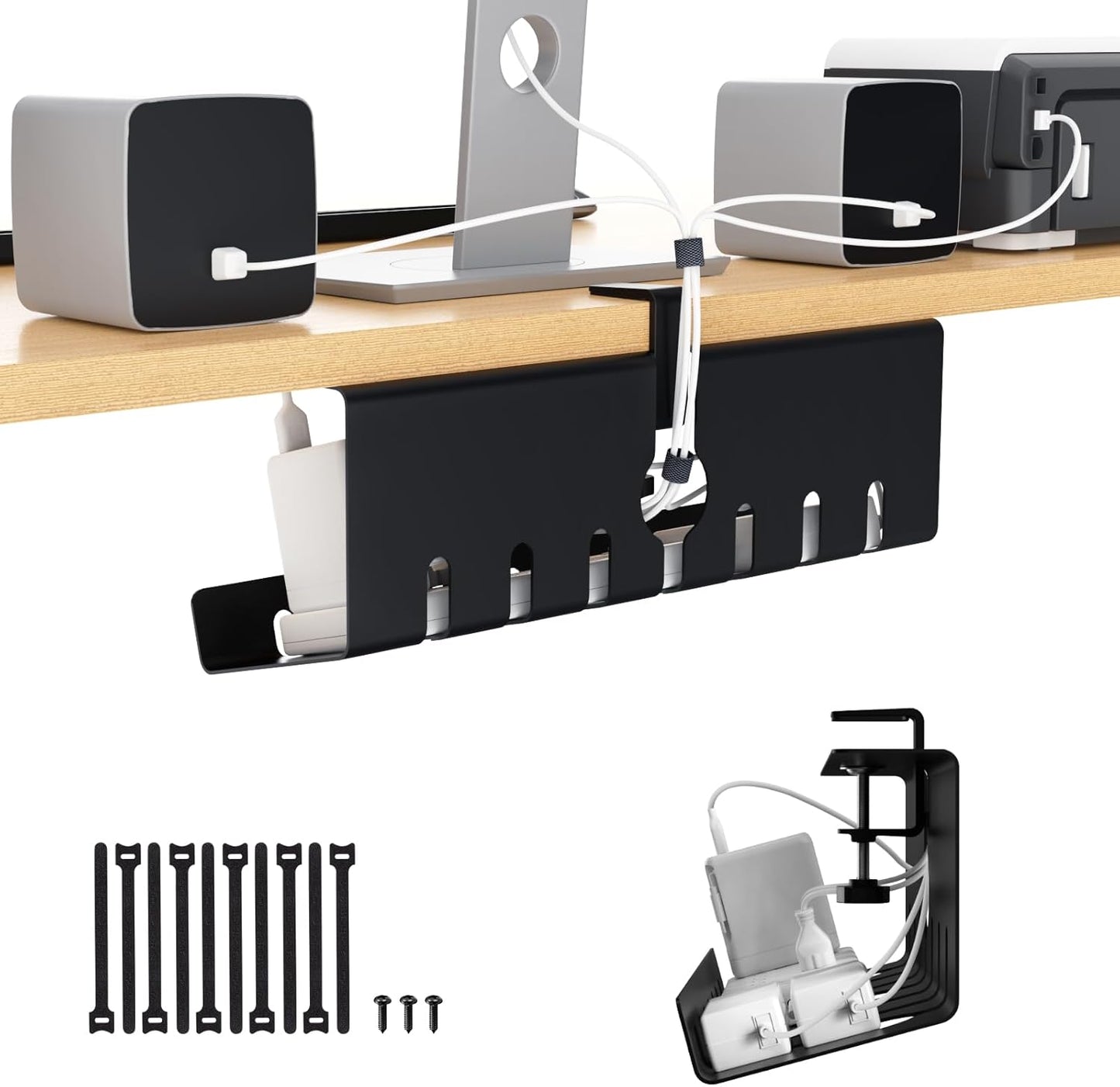 Syeeiex 17" Under Desk Cable Management Tray, No-Drill C-Clamp & Screw Mount, Heavy Duty Metal Cord Organizer with Cable Ties, for Office Home Workspace, Black