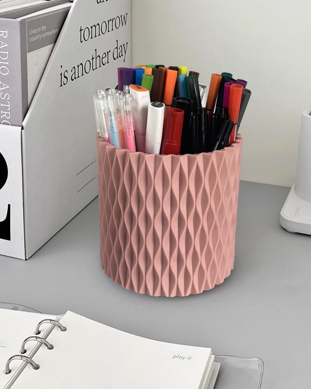 Lebenrich Rotating Pen Holder for Desk, 5 Slots Easthetic Pencil holder Desk Organizer Supplies and Accessories for Women Girls, Pencil Cup for Office Home Art Supply, White