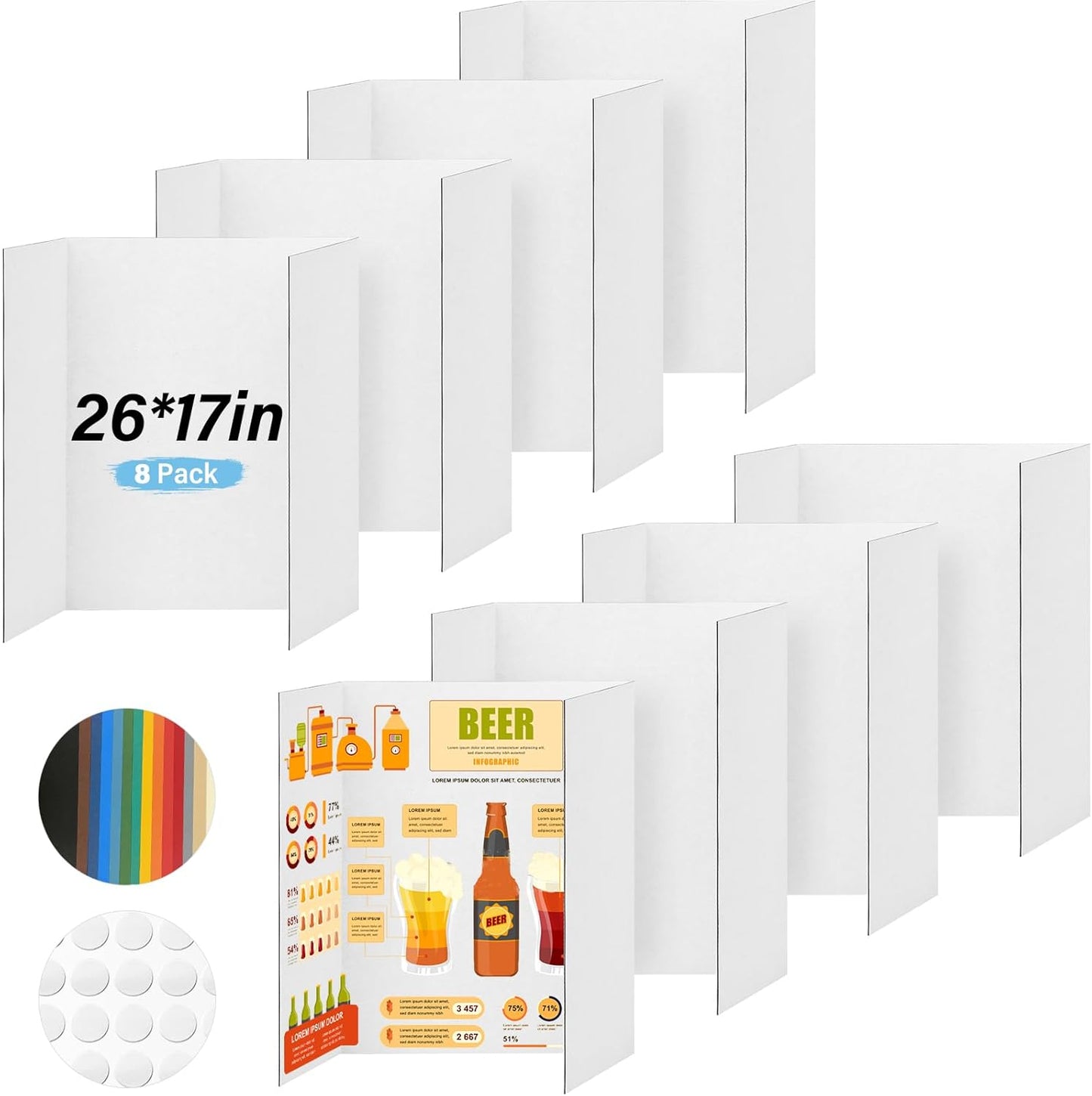 4 Pcs Trifold Poster Board, 21.5x14 inches Small White Poster Board Comes with Sticky Accessories, Corrugated Presentation Boards, Display Board for School Projects, Business Presentations