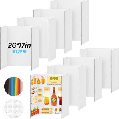 4 Pcs Trifold Poster Board, 21.5x14 inches Small White Poster Board Comes with Sticky Accessories, Corrugated Presentation Boards, Display Board for School Projects, Business Presentations
