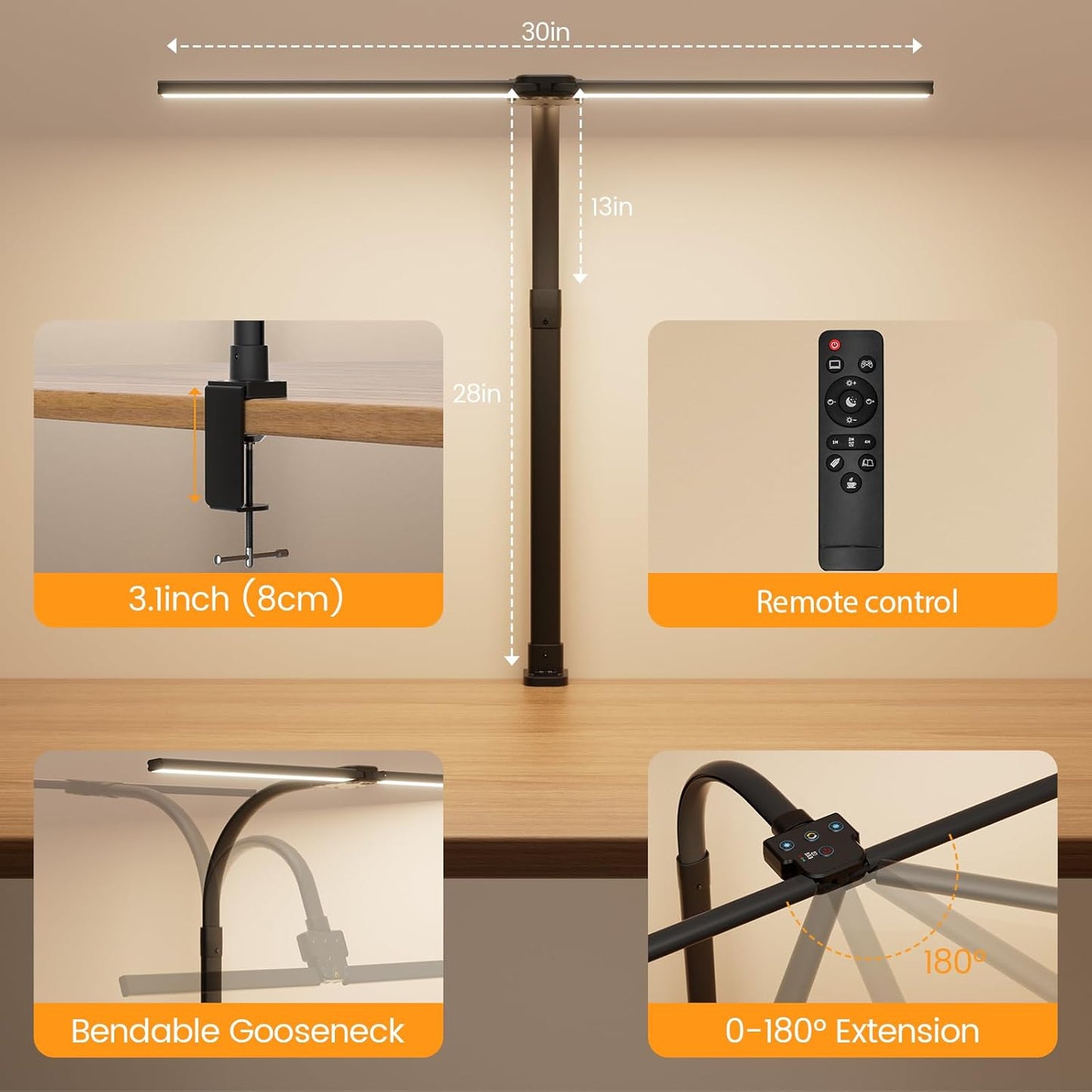 LED Desk Lamp with Base - Bright Dimmable Computer Lamp with Phone Holder, 24W Bendable Desk Light for Monitor Screen, Eye-Caring Tall Desktop Light for Task Home Office Work, Black, Dual Head