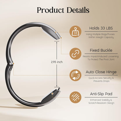 Bathway Purse Hook for Table - Upgraded Snap-On Closure Design Bag Hanger - Heavy Duty Handbag Holder Holds 33 lbs - Portable Desk Hook for Purses, Bags, Backpacks in Restaurant, Office, Car (Black)