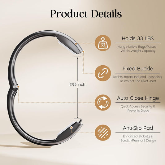 Bathway Purse Hook for Table - Upgraded Snap-On Closure Design Bag Hanger - Heavy Duty Handbag Holder Holds 33 lbs - Portable Desk Hook for Purses, Bags, Backpacks in Restaurant, Office, Car (Black)