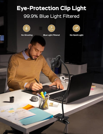 Clip on Lamp USB Reading Light, 3 Color Modes, 10 Brightness Dimmable, 360° Flexible Desk Lamp with Clamp, Eye Care Clip on Light for Bed Desk Headboard Home Dorm White