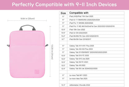 Dadanism 9-11 Inch Tablet Sleeve Bag Carrying Case with Shoulder Strap for iPad (A16) 11", iPad 10th Gen 10.9", iPad Air M4/Pro M5 11", iPad 9/8/7th 10.2", Galaxy Tab A11+ Plus 11", Cloudy Pink