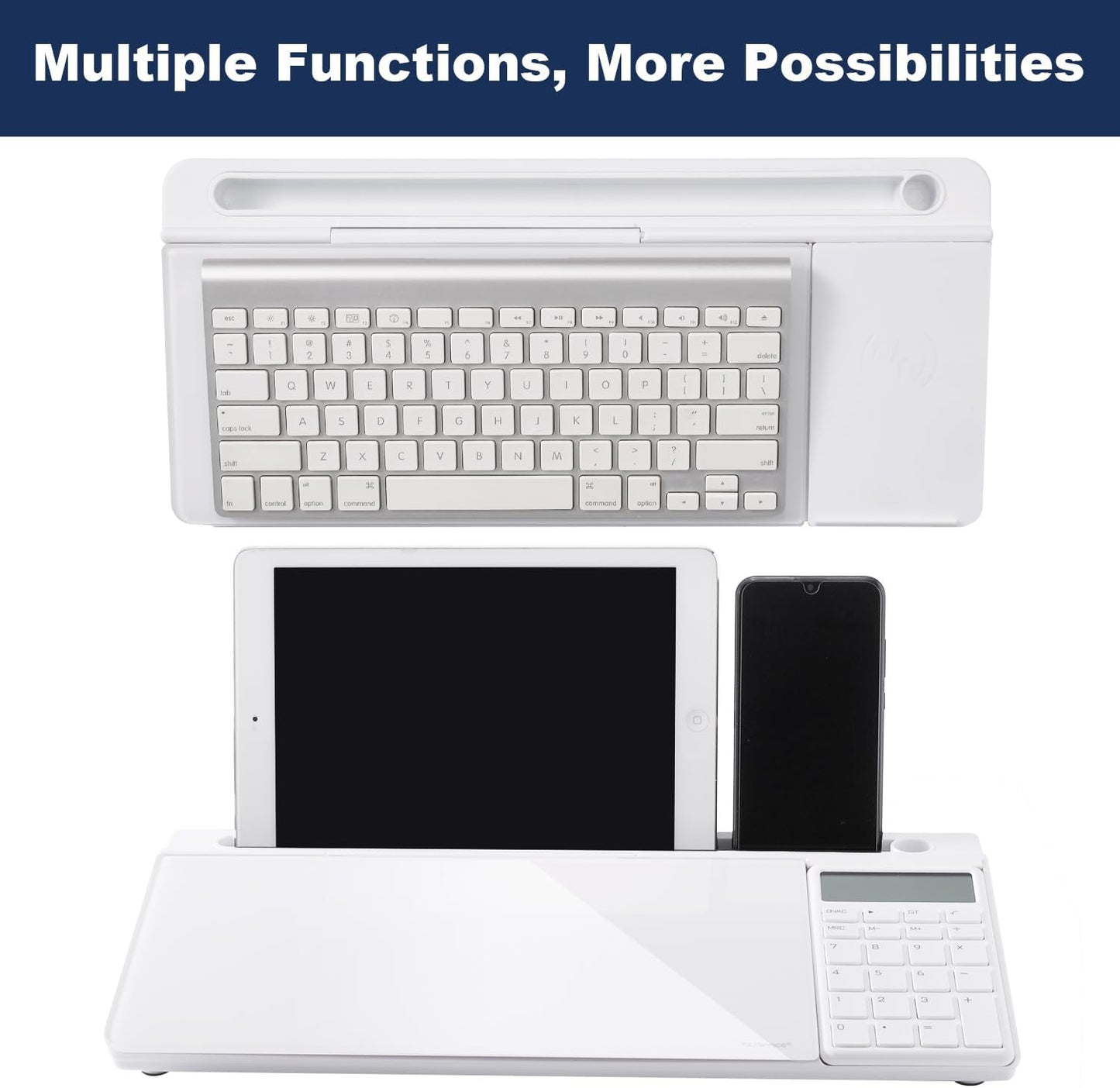 TSJ OFFICE Small Desktop Whiteboard -Glass Dry Erase Board Computer Keyboard Stand White Board Surface Pad with Drawer, Desk Organizers with Accessories for Office, Home, School Supplies - White