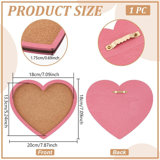 BENECREAT Pearl Pink Heart Pin Cork Board, 7.8x7.1inch Bulletin Display Board Wall Mounted Cork Board with Pink Frame for Brooch Pin Storage Display, Office Home and School Decor