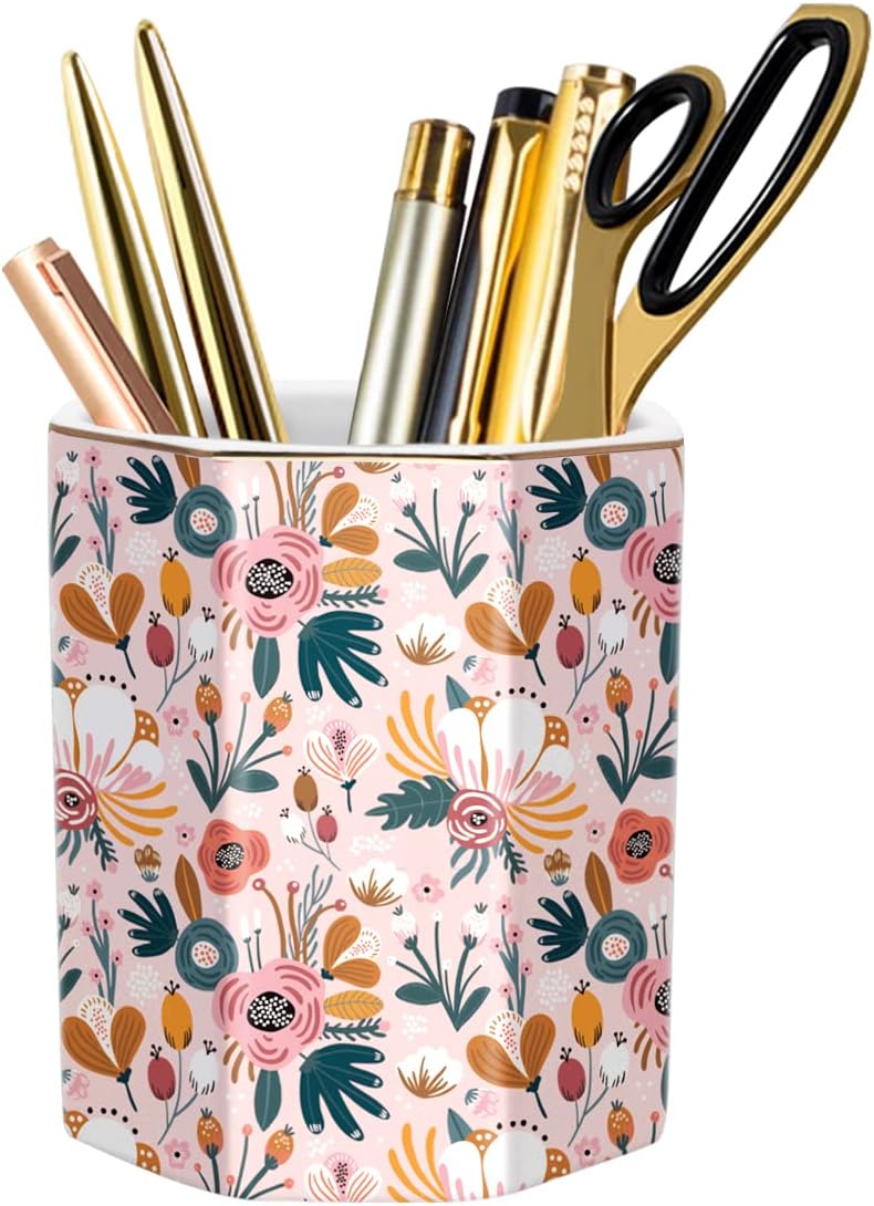Pen Holder, Pencil Holder for Desk, Marble Desk Organizer Cute, Durable Ceramic Pencil Cup, Decorative Makeup Brush Holder Cup, Stationery Holder for Office, Home, Gray Marble