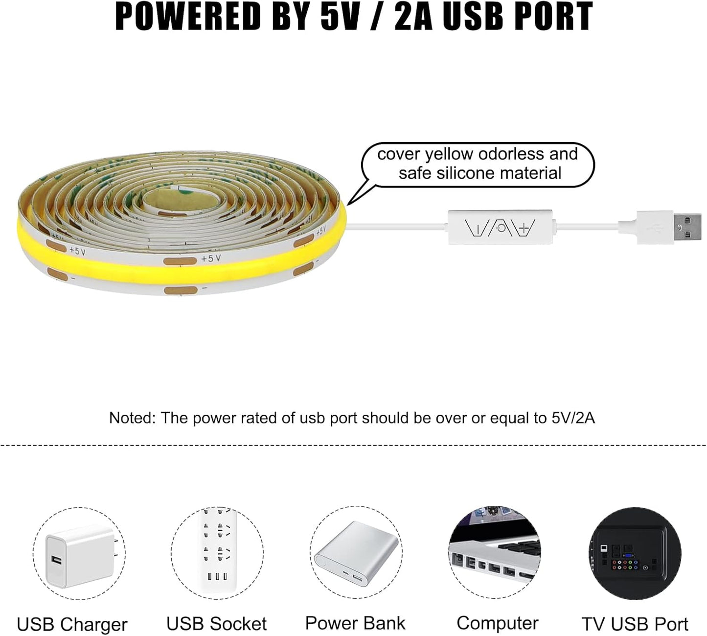 Tatazone 5V USB COB Led Strip Light with RF Remote, 4.92ft 6500K CRI93+ USB Powered COB Led Light Strip, Dimmable Indoor COB Led Light for Cabinet, TV, Camping, Monitor, Showcase, Motorhome