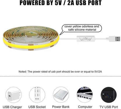 Tatazone 5V USB COB Led Strip Light with RF Remote, 4.92ft 6500K CRI93+ USB Powered COB Led Light Strip, Dimmable Indoor COB Led Light for Cabinet, TV, Camping, Monitor, Showcase, Motorhome
