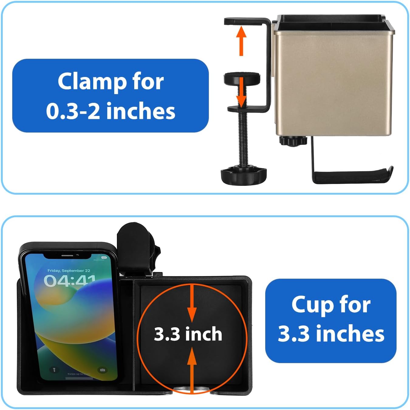 Rosyline 3-in-1 Desk Cup Holder & Clip-on Cup Holder, Clip on Desk Organizer – with Anti-Spill Function, Keeps Your Coffee, Headset, Phone & Pens Within Easy Reach, for Office Desk (Black)