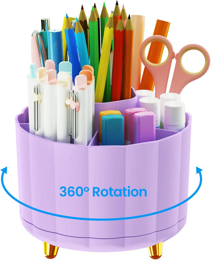 360 Rotating Pencil Pen Holder for Desk, White Pen Organizer with 6 Slots, Cute Office Supplies, Desk Accessories for Office, School, Home