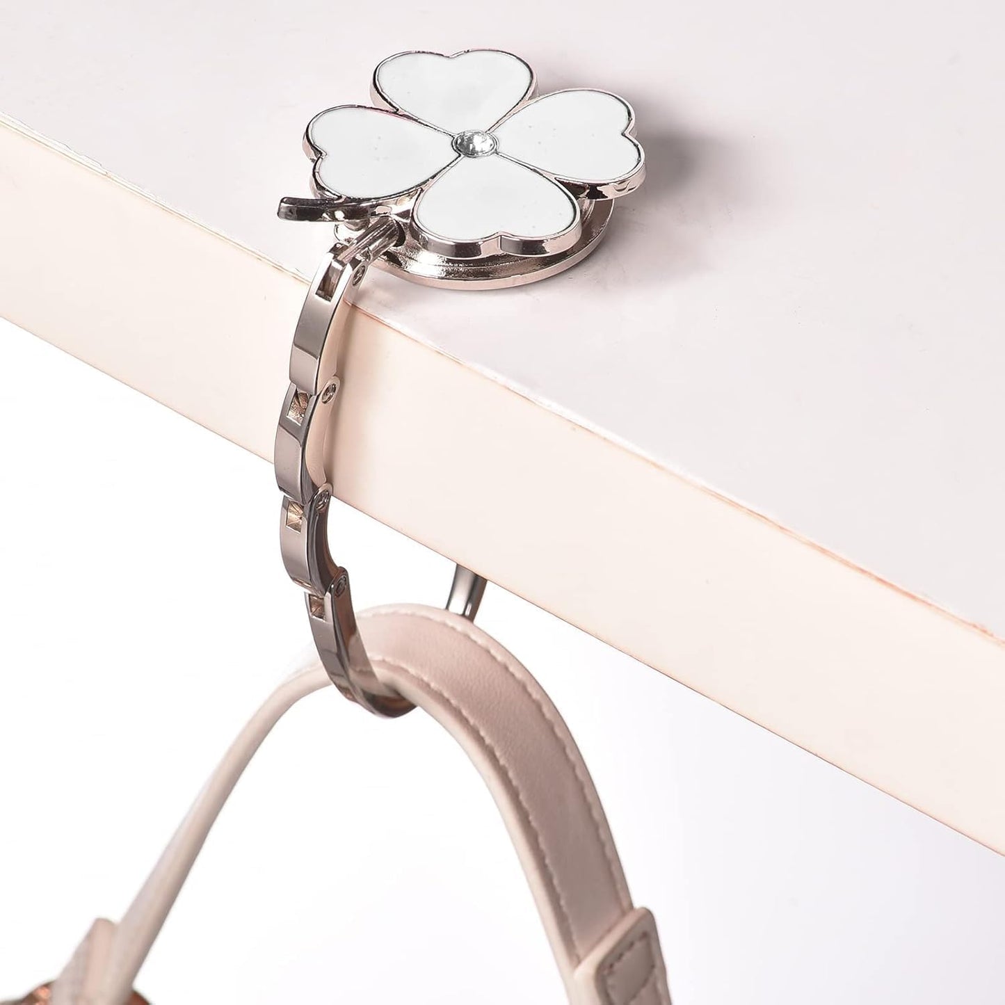 Purse Hook for Table, Clover Design Foldable Purse Holder for Table, Portable Bag Holder - Folding Handbag Hanger | Hangs Almost Anywhere(White)