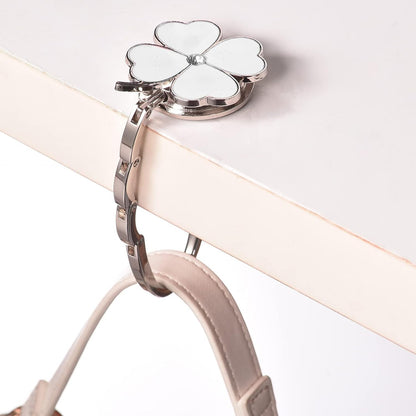Purse Hook for Table, Clover Design Foldable Purse Holder for Table, Portable Bag Holder - Folding Handbag Hanger | Hangs Almost Anywhere(White)